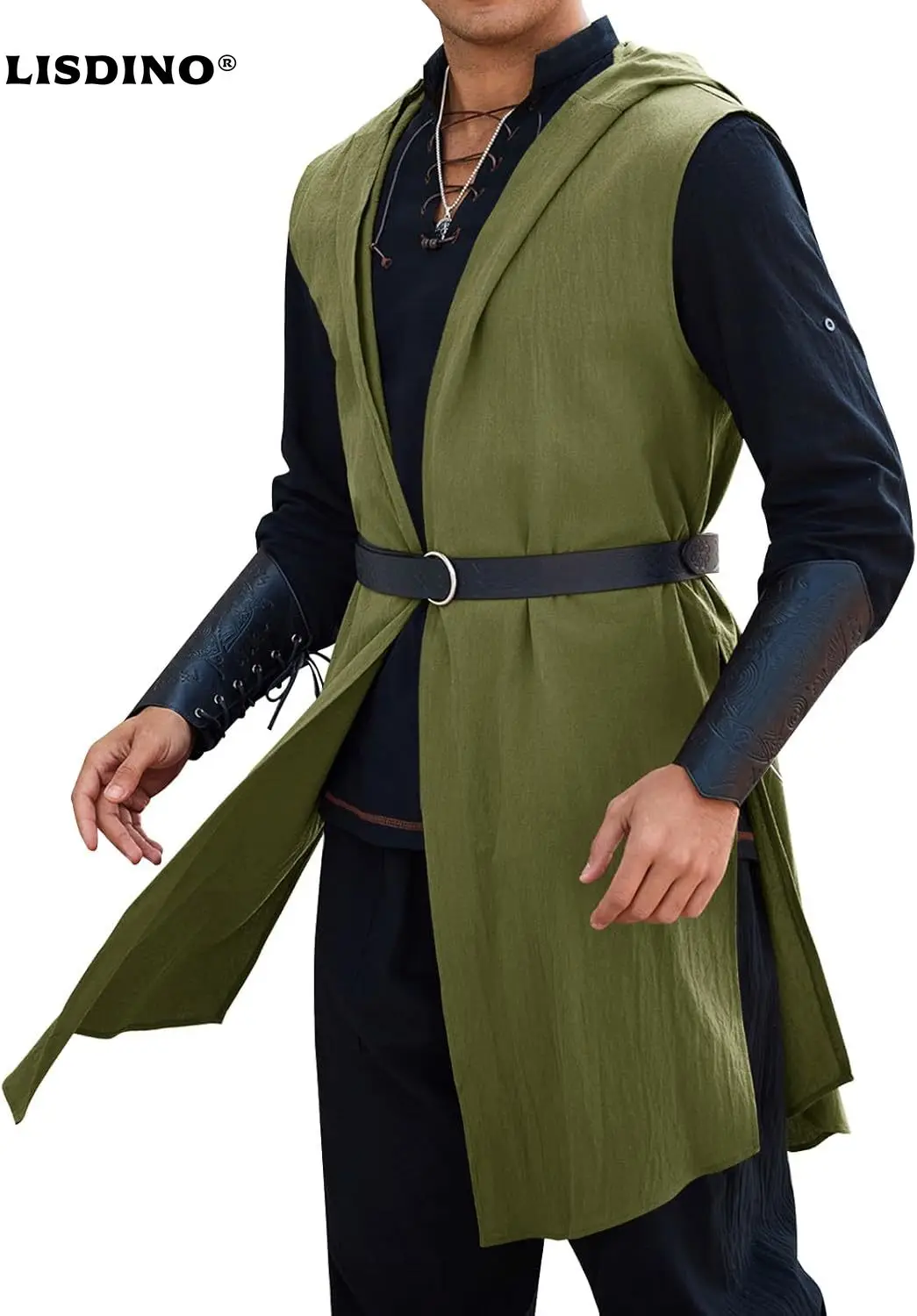 

LisdinoRuncati Mens Renaissance Costume Hooded Surcoat Medieval Knight Sleeveless Tunic Tops Tabard Viking Holloween Cloak