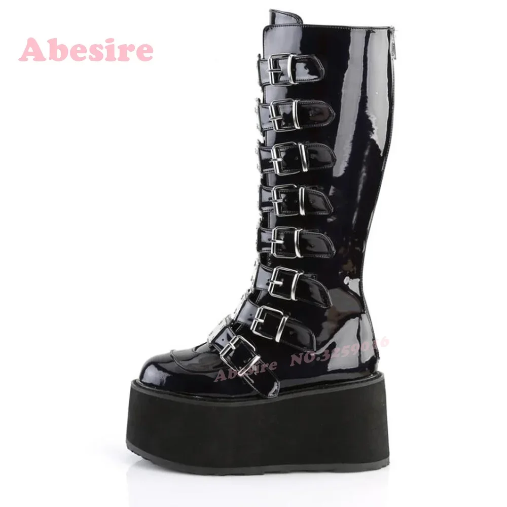 

Round Toe Platform Tank Soled Gladiator Women's Knee High Boots White Metal Buckled Punk Boots Motorcycle Gothic Shoes Luxury