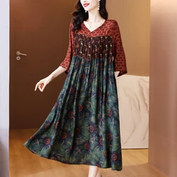 Women Floral Silk Luxury Elegant Party Dress Summer Short Sleeve V-Neck Loose Waist Dress 2024 Korean Vintage Casual Prom Dress