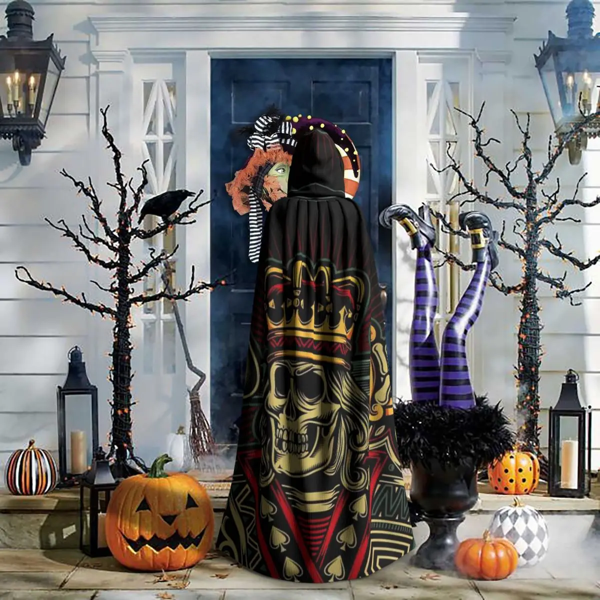 Carta Rey Calavera Hooded Cloak Halloween Party Cosplay Woman Men Adult Long Witchcraft Robe Hood