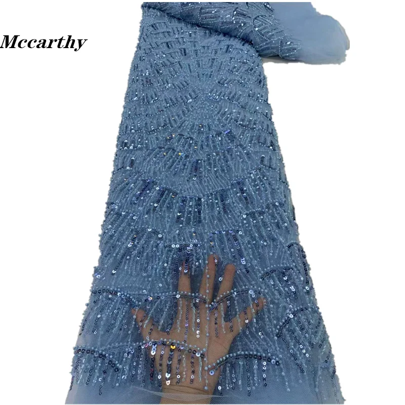 

Mccarthy Bule Handmade Beaded French Lace Fabric 2024 Latest Nigerian High Quality Sequins Tulle Laces Embroidery With Pearls