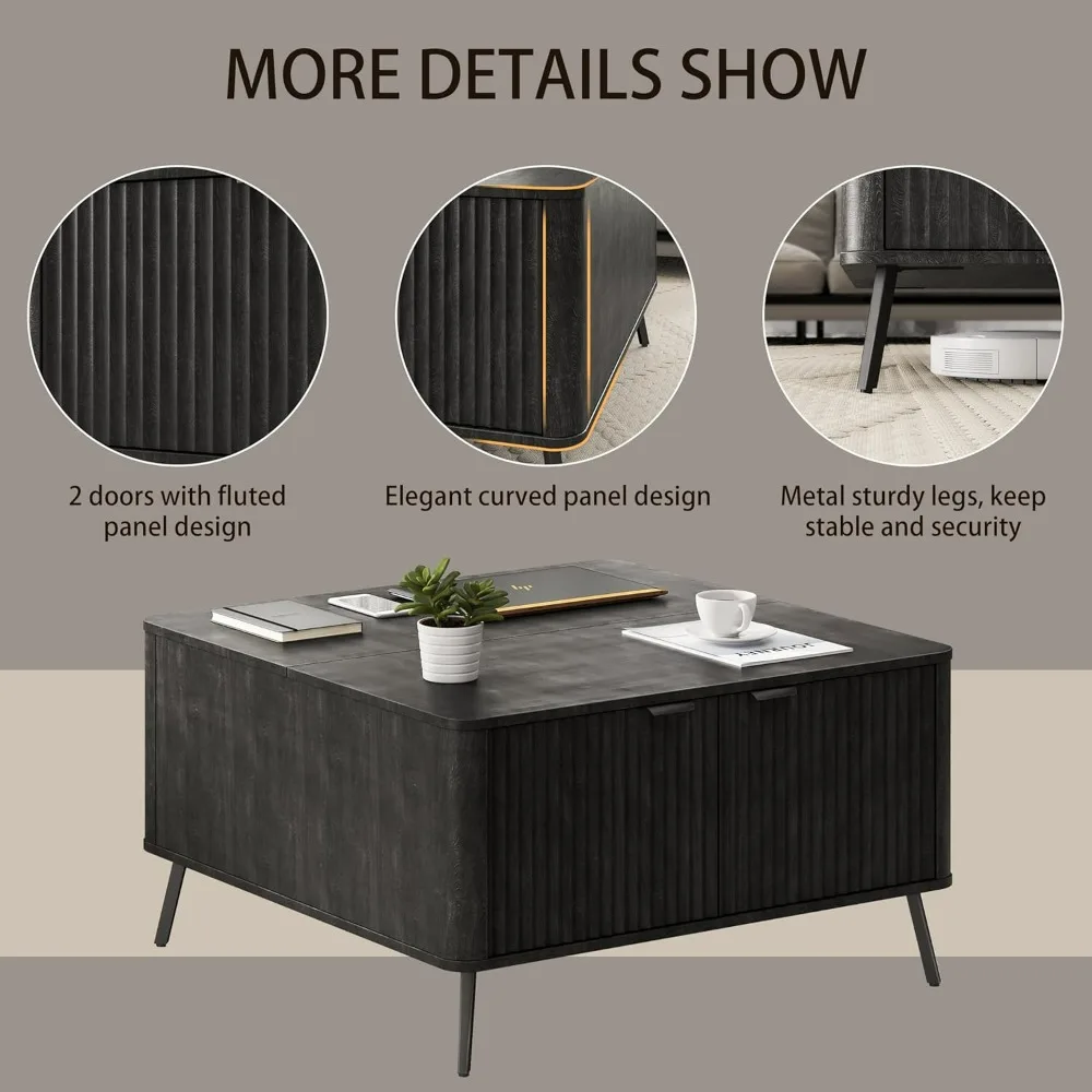 Lift Top Coffee Tables, 35.4" Square Coffee Tables with Storage, Modern Fluted Center Table with Hidden Storage Compartment