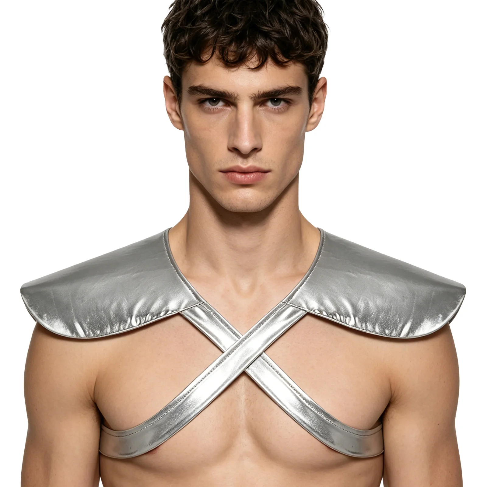 Mens Crossing Chest Harness Gothic Metallic Shiny Shoulder Armor Fly Sleeve Tank Tops for Pole Dancing Burlesque Performance