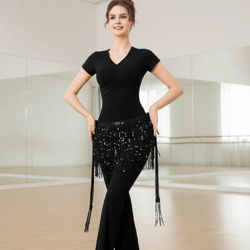 Fringe Hipwrap 4-Row Belly Dance Belt Metallic Shiny Sequin Hipscarf Boho Style Adjustable Dance Wrap-skirt Performer