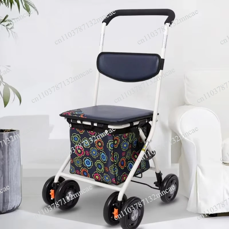 Portable Grocery Trolley, Sturdy Mobility Aid for Elderly, Foldable Senior Walker with Seat - Lightweight Shopping Cart