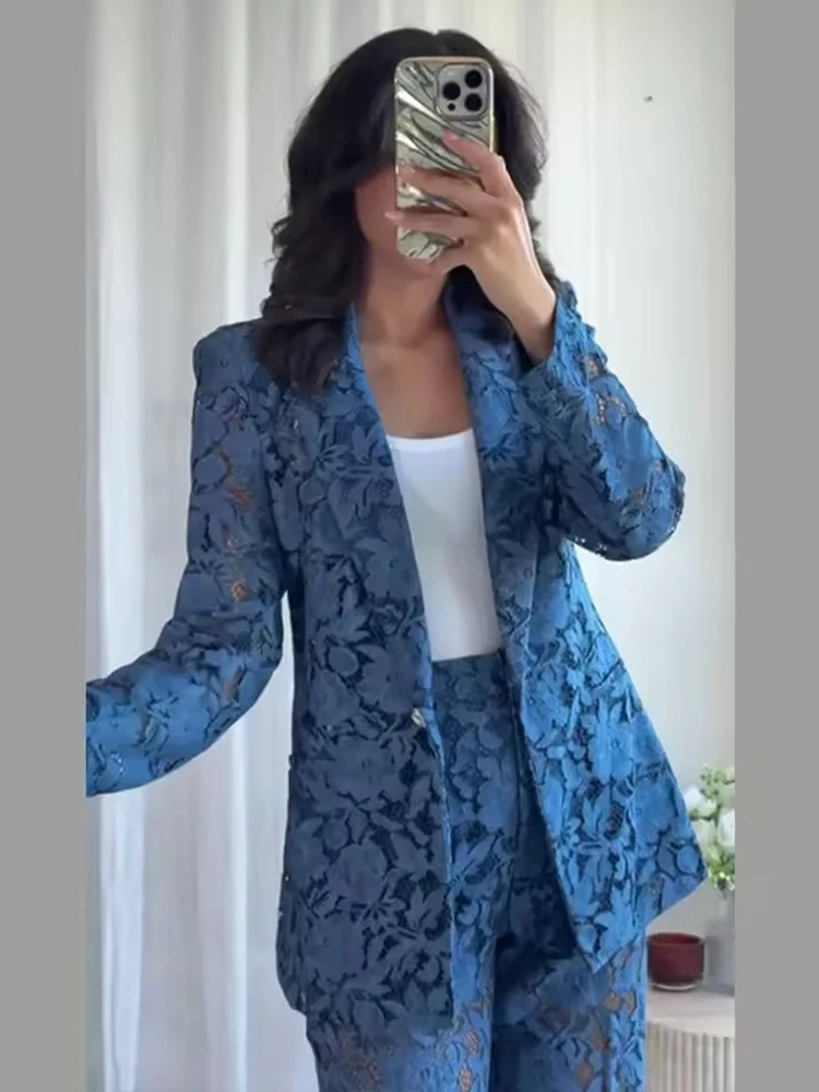 النساء الدانتيل السراويل 2 قطعة مجموعة موضة شير التلبيب كم طويل السترة السراويل المستقيمة 2025 أنيقة شيك تخفيف المرأة البدلة ﻿