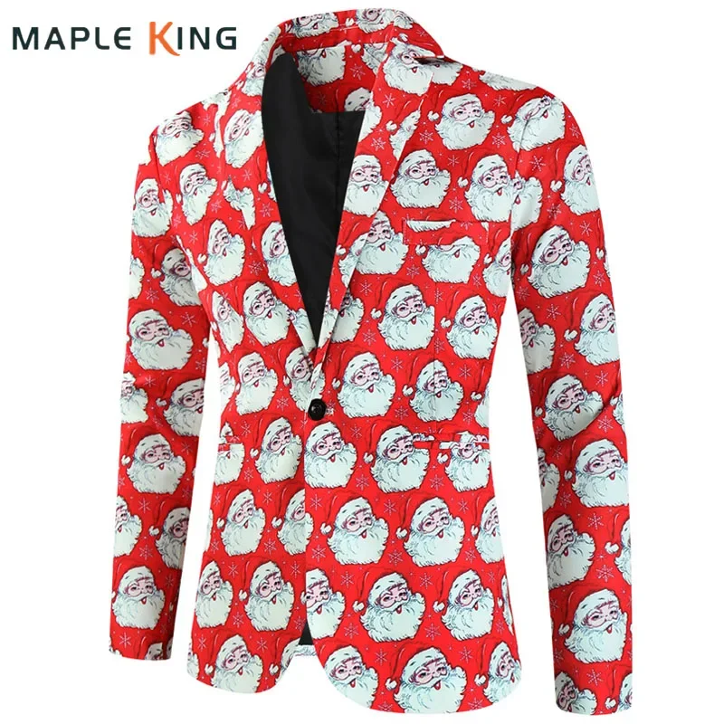 Classic Red Santa Claus Print Suits for Men Elegant Blasers Masculinos Costume Christmas Party Dress Mens Designer Jacket Coats