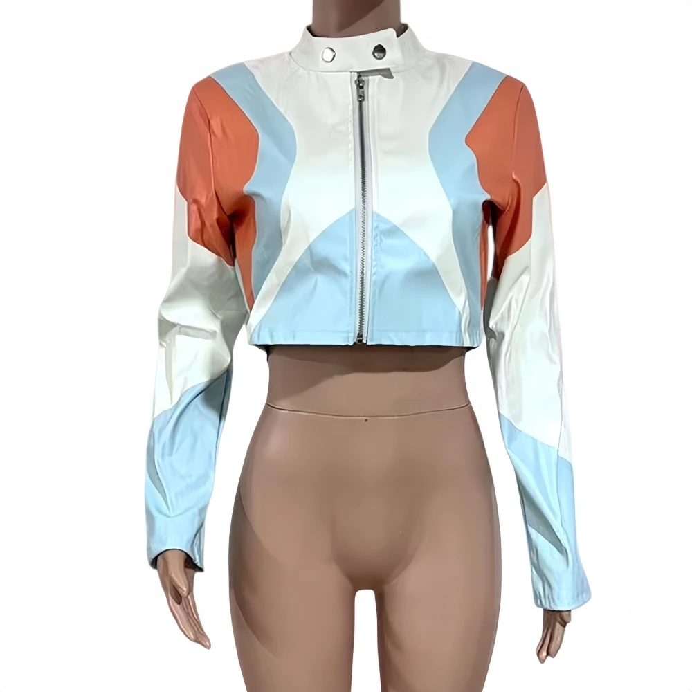 FAGADOER Punk Fashion Leather Patchwork Bodycon Jacket Woman Moto Color Block Long Sleeve Jacket Female Streetwear Clothing New