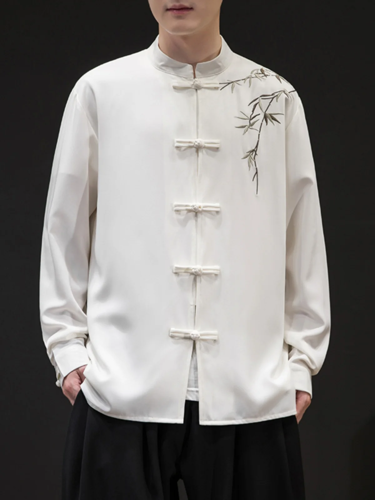 

Мужская рубашка с длинным рукавом, вышивкой и бамбуковым узором, новая, в китайском стиле, ретро, на пуговицах, повседневная, этническая одежда для весны и лета