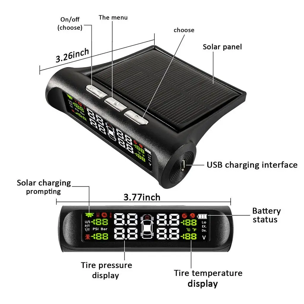 

Wireless TPMS Solar Power Tire Pressure Monitoring System USB Charge LCD Alarm for Car SUV Minivan