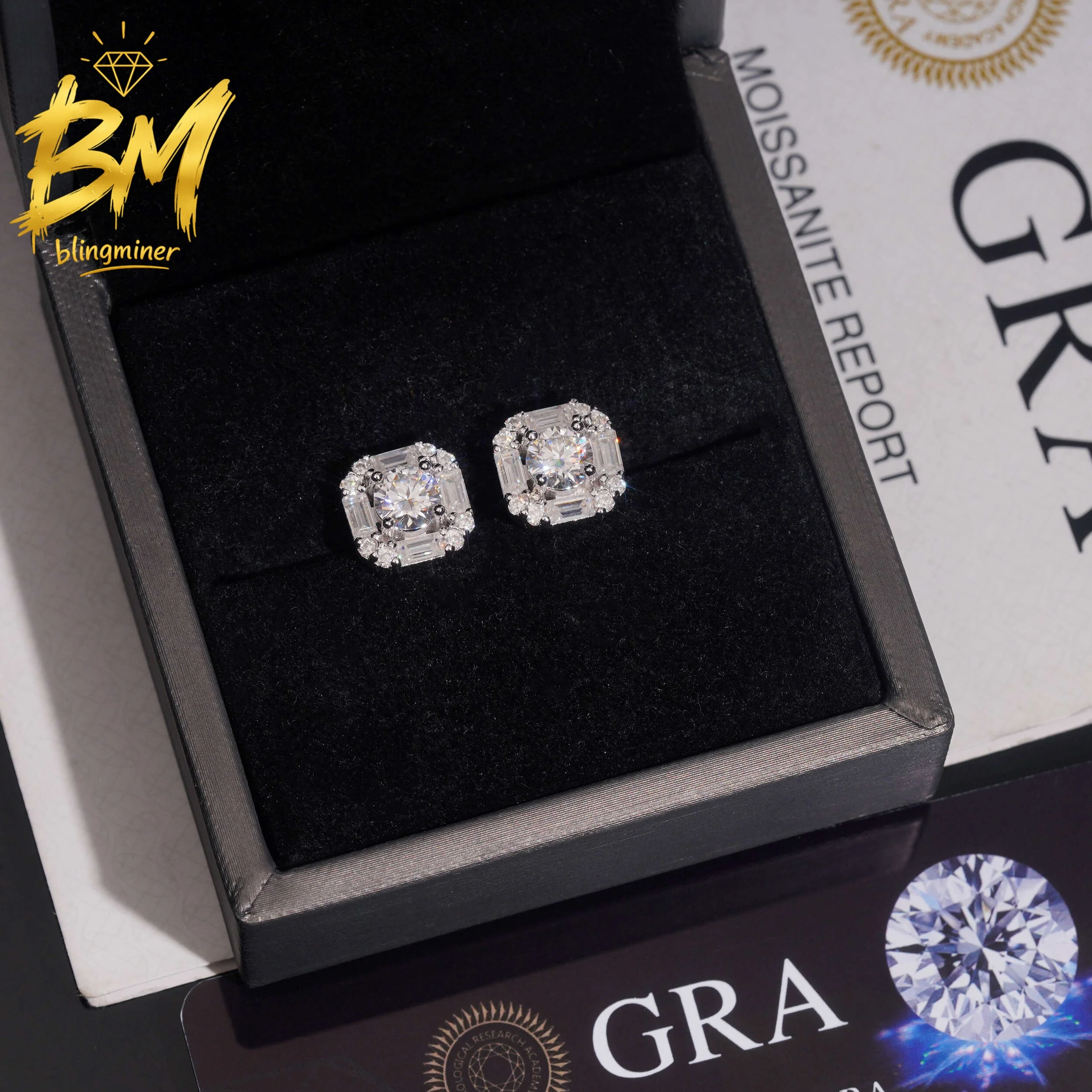 Blingminer 10mm Baguette VVS Moissanite Earrings For Men Women S925 Silver Ear Studs Jewelry Pass Diamonds Tester Free Shipping