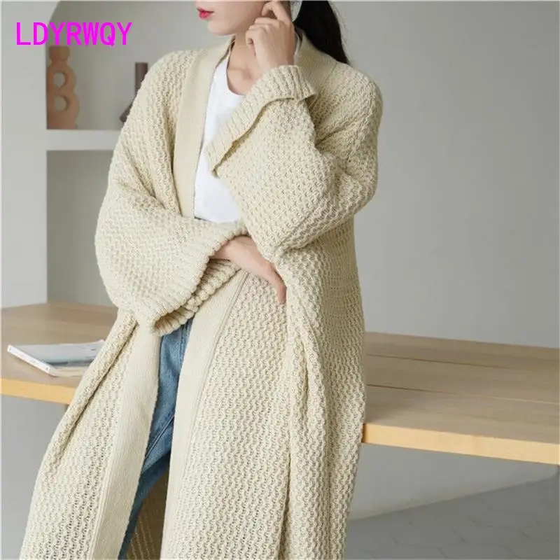 Autumn and Winter Loose Long Knitted Cardigan Coat Women\'s Over Knee Thick Thread Style Sweater