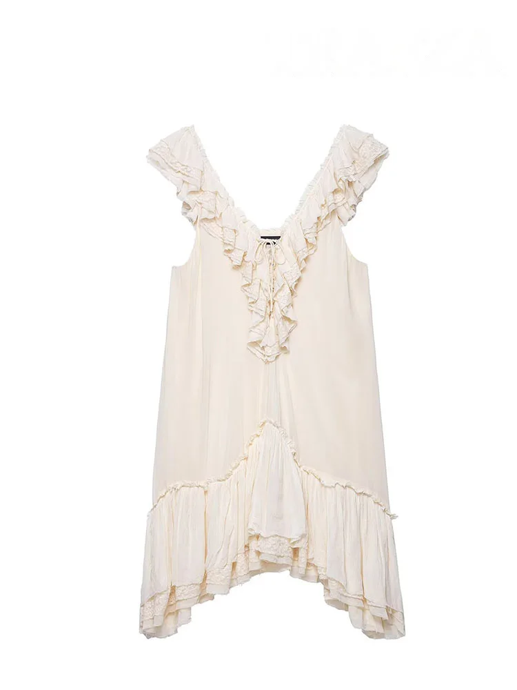 HH Moda Feminina Vestidos Soltos Sem Mangas Sólidos Com Decote Em V Sem Encosto Arco Lace-Up Feminino Verão Casual Em Camadas Mini Vestido