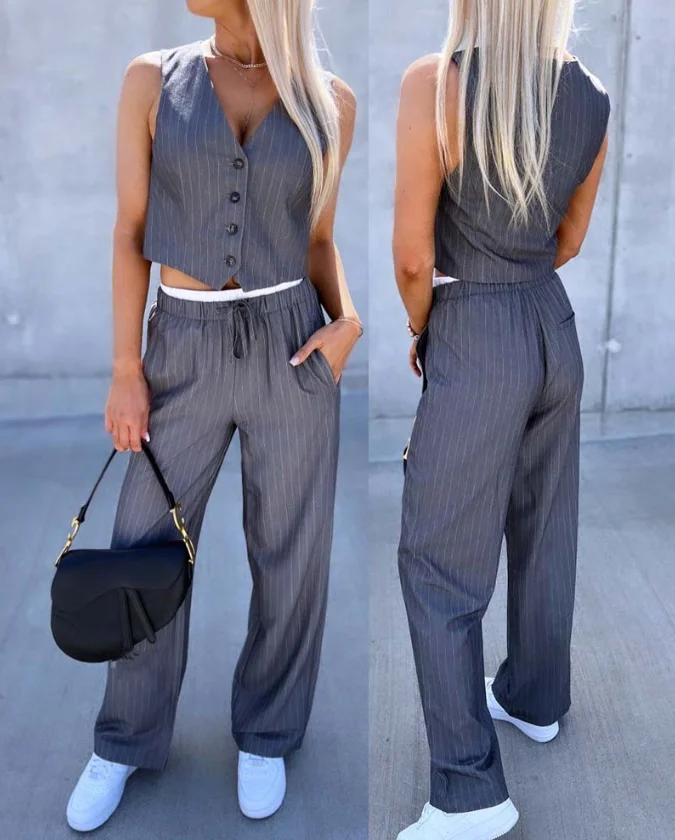 

Elegant Women's Suit Set Casual Lapel Long Sleeve Short Top Casual Loose High Waisted Long Pants Elegant Two-Piece Set for Women