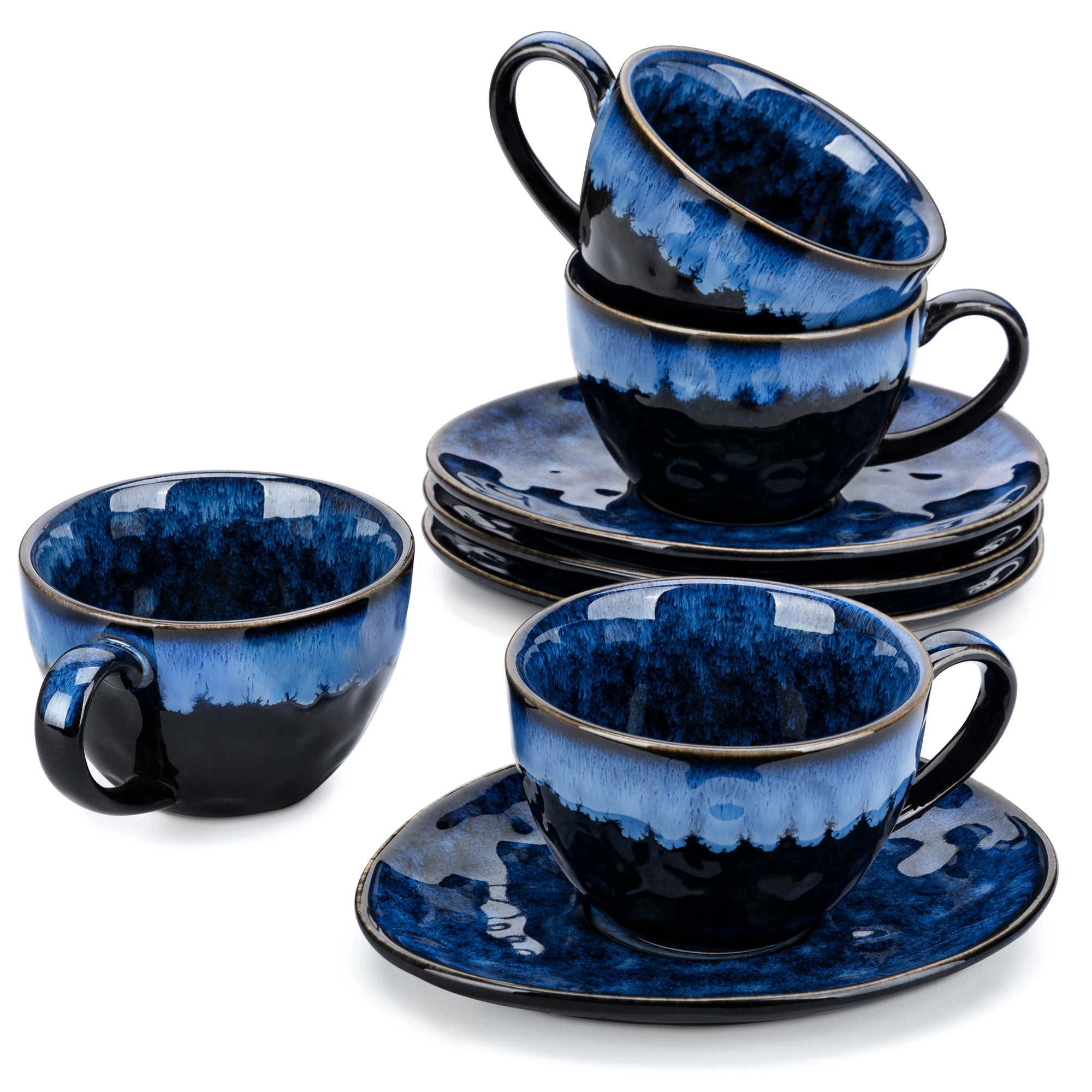 VANCASSO Starry Blue Ceramic Coffee Cup and Saucer Set Blue Kiln Change Glaze Afternoon Tea Cup&Saucer Service for 4 Person