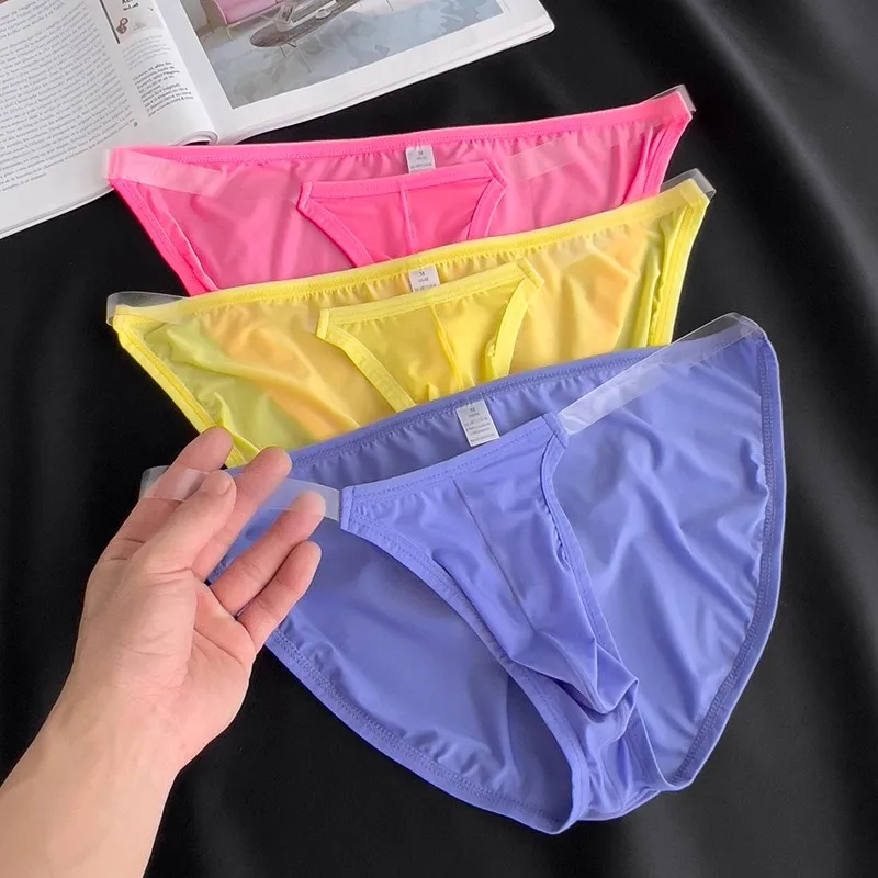 Men Ice Silk Sexy Underwear Mid Rise Seamless Briefs Ultra-thin Breathable Panties U Bulge Pouch Transparent Underpants Cuecas