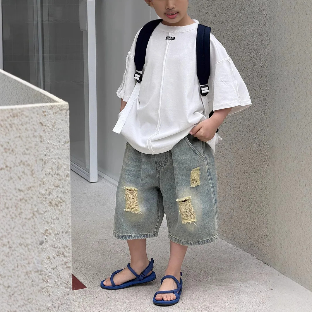 2025 Children's Ripped Denim Shorts Boys' Trendy Brand American High Street Retro Five Quarter Pants Girls' Summer Loose Mid