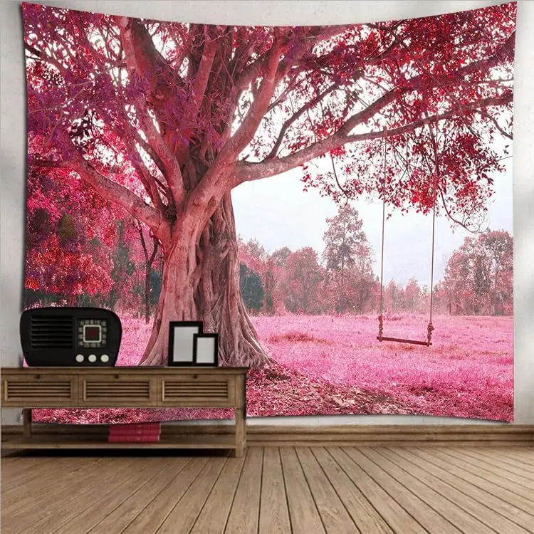 Autumn Pink Flower Window Tapestry – Forest Garden Scenic Wall Art for Living Room, Home Office or Dorm Decor