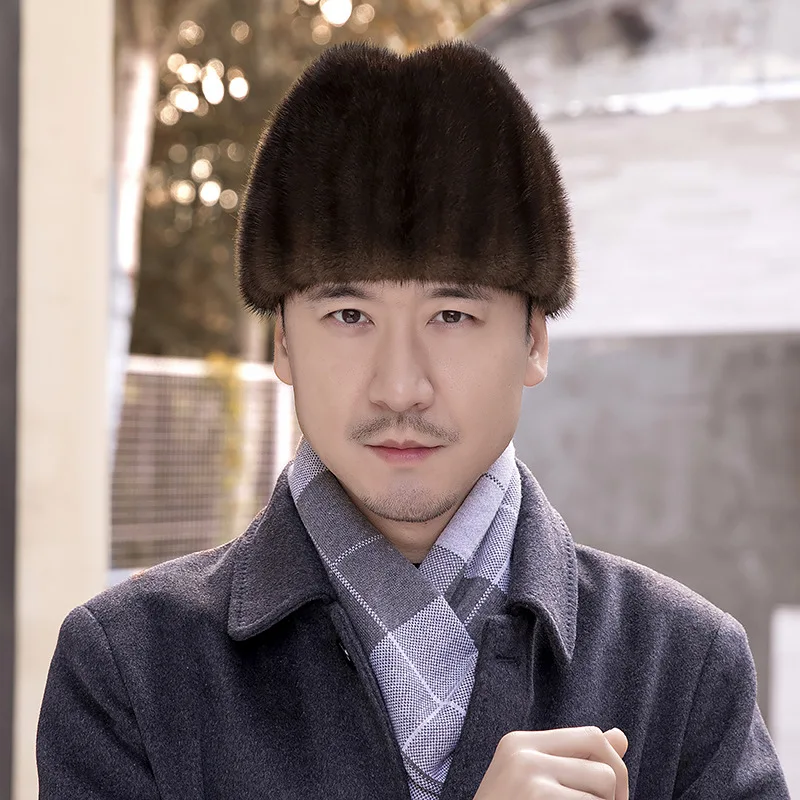 

Зимняя мужская шапка-бомбер из утолщенного меха норки, черная/коричневая, для пожилых, с защитой ушей, в русском стиле, для мотоциклистов