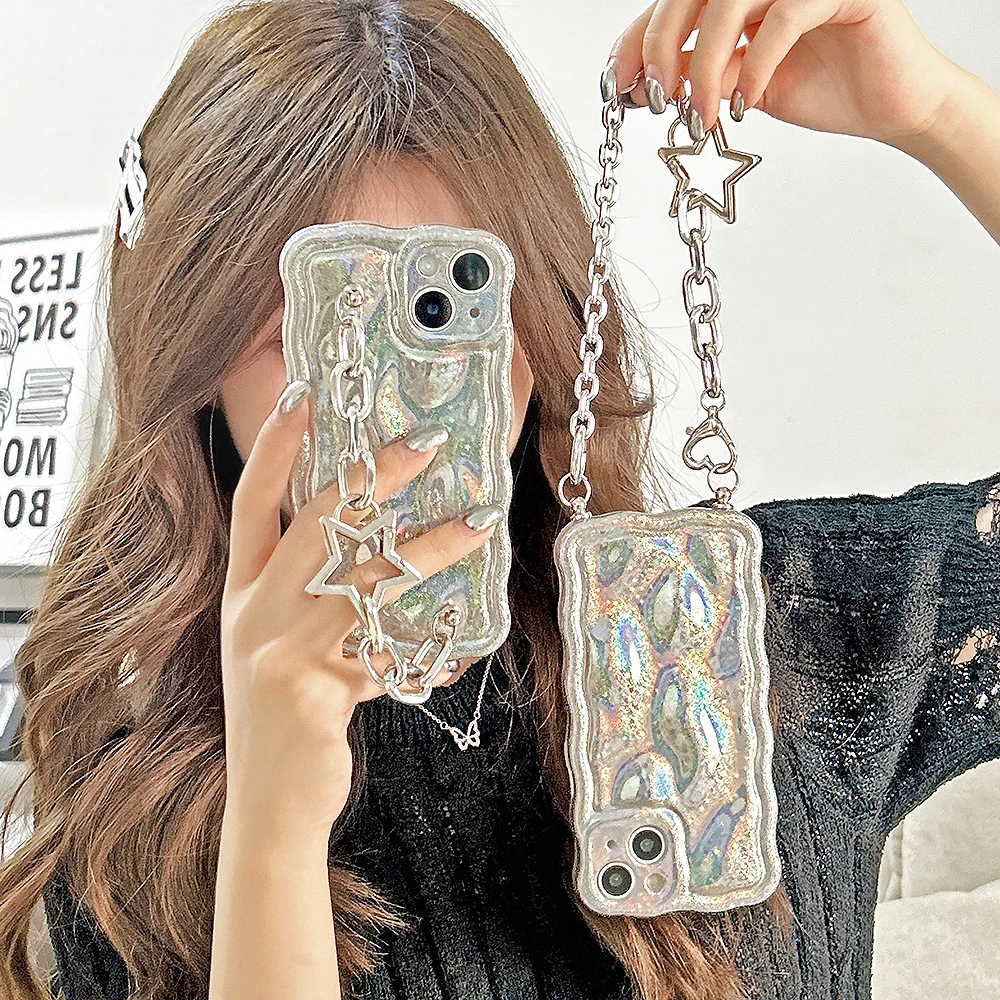 Silver Glitter Metal Star Chain Phone Case Japan INS Korea Plating Lens Protective Back Cover For iPhone 15 14 12 11 13 Pro Max