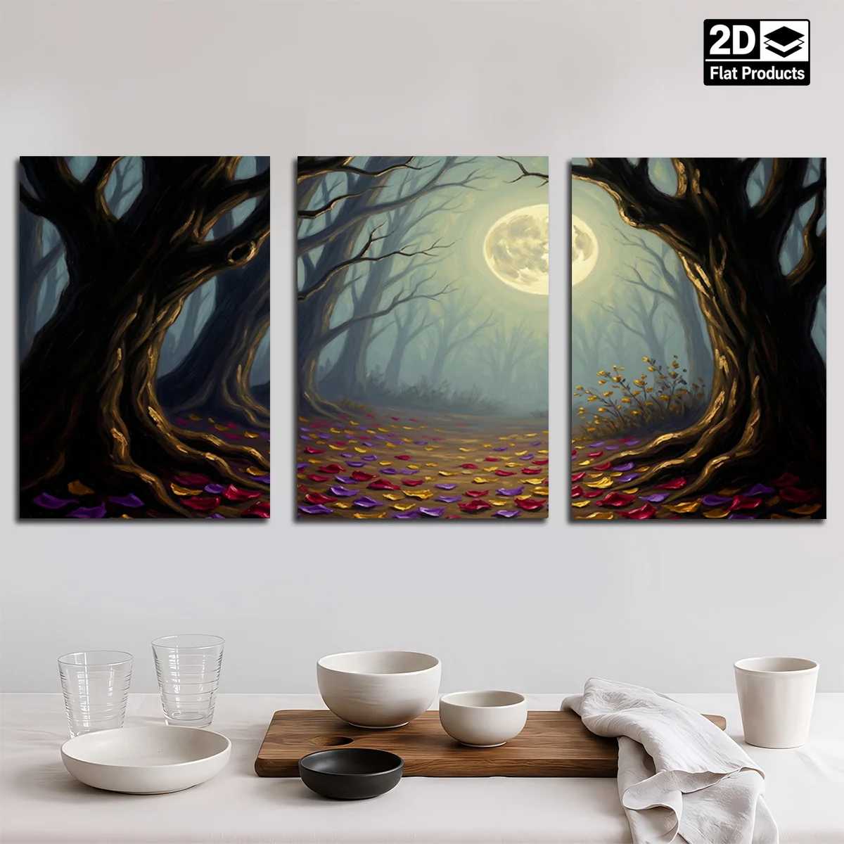 Frameless 3PCS 2D Decorative Painting - Canvas Painting - Three-panel Canvas Art Depicting A Moonlit Forest With Colorful Fal