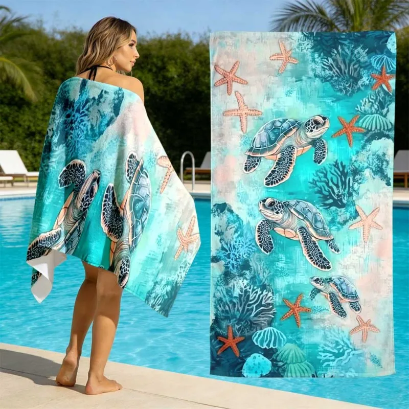 Teal Watercolor Sea Turtle Coral Underwater Texture Print Microfiber Quick Dry Beach Towel Ocean Wildlife Vacation Bath Towel