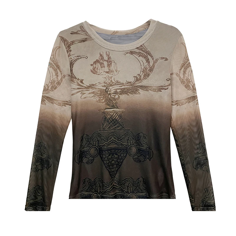 MadBlack-Women European T-Shirt, Sexy O Neck Geometry Print, Fashion Long Sleeve Slim Thin S-3XL Tee, 2026 Summer New T64136CC
