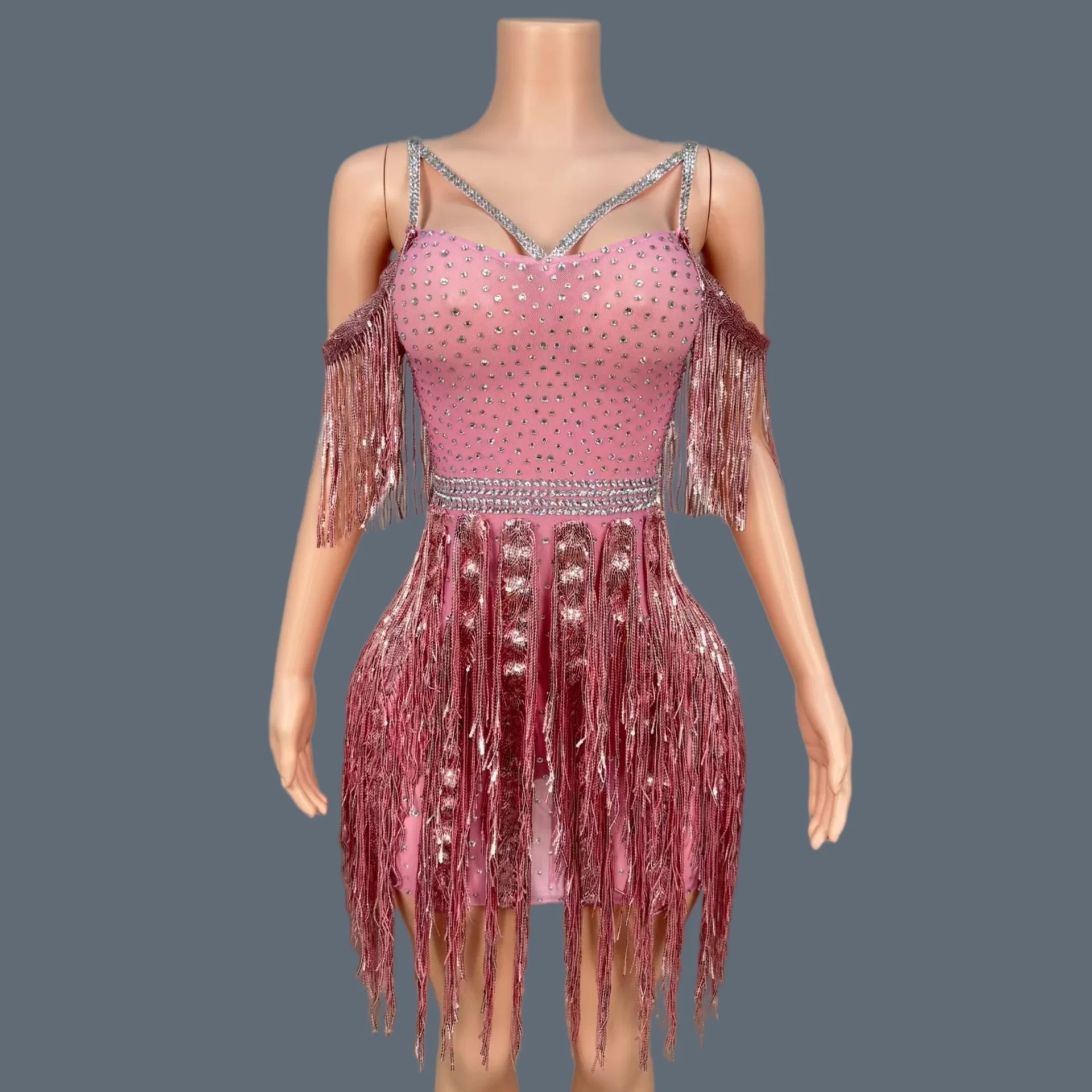 

Sparkly Rhinestone Tassel Short Dress Women Celebrate Birthday Party Prom Club Mesh Evening Dress Sexy Stage Dance Outfit Bale