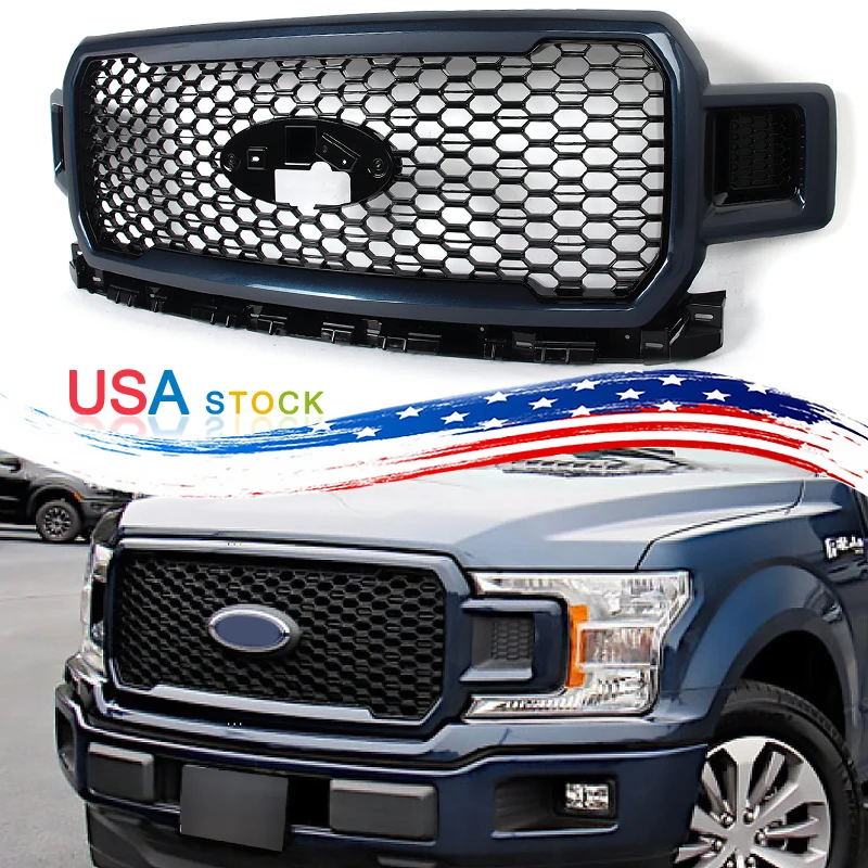 

Car Front Grille Modified Grille For Ford F-150 2018-2020 Blue Jeans Metallic Front Bumper Grille Honeycomb Front Upper Grills