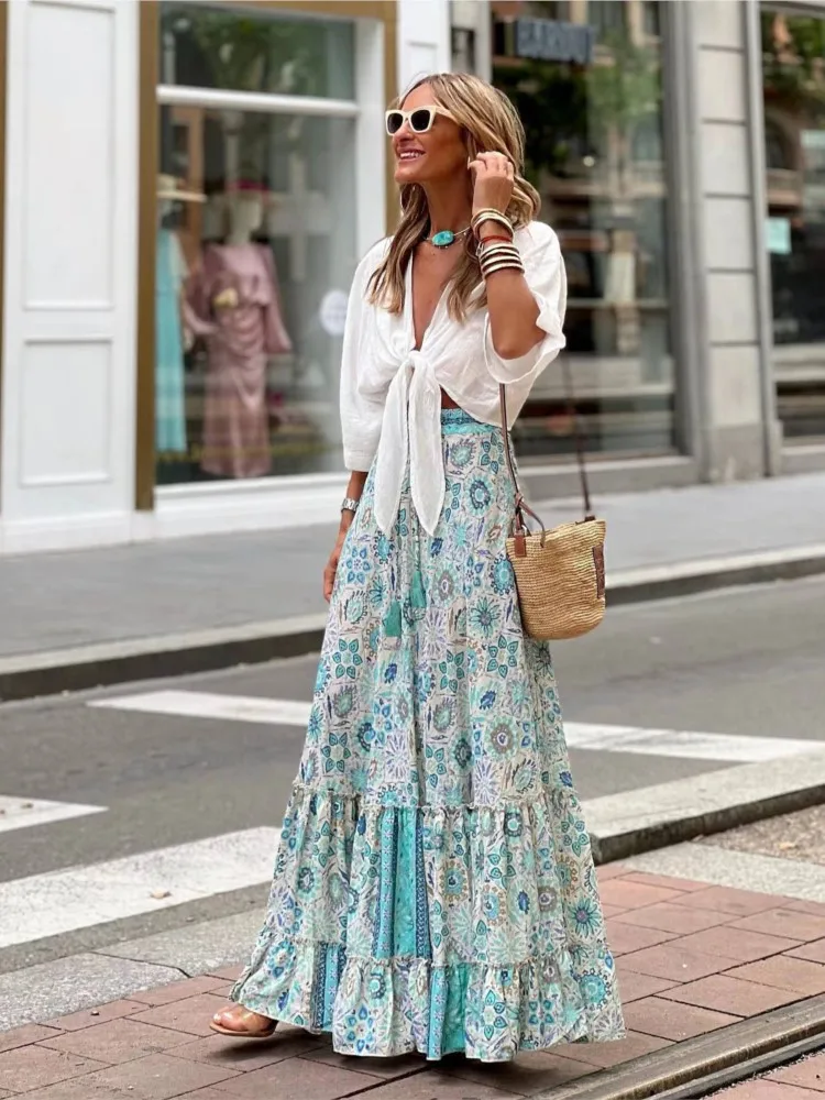 

Elegant Women Boho Print Elastic Waist Skirt Spring Summer Femme Patchwork Slim SkirtStreetwear Casual Ankle-Length Long Skirt