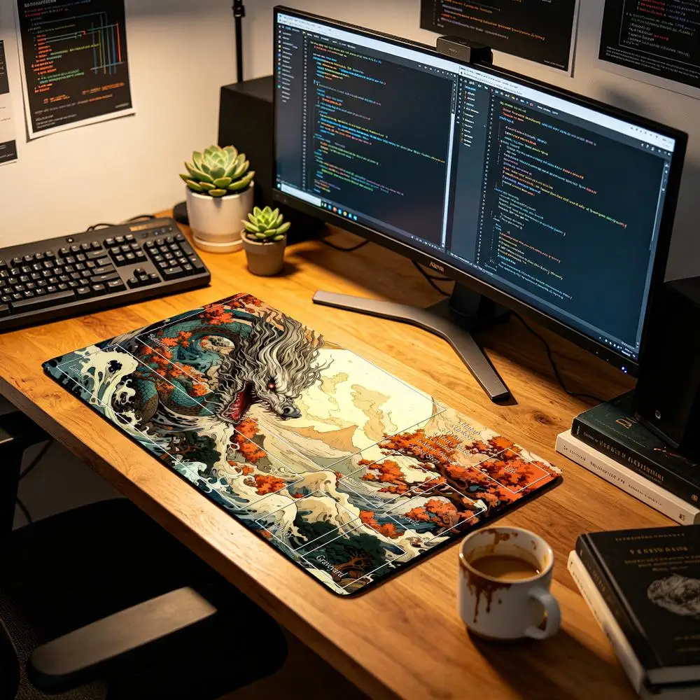 Tapis de jeu de cartes Magic Dragon d'automne japonais avec zone Mtg, tapis de souris antidérapant, durable, avec bords cousus, tapis de bureau