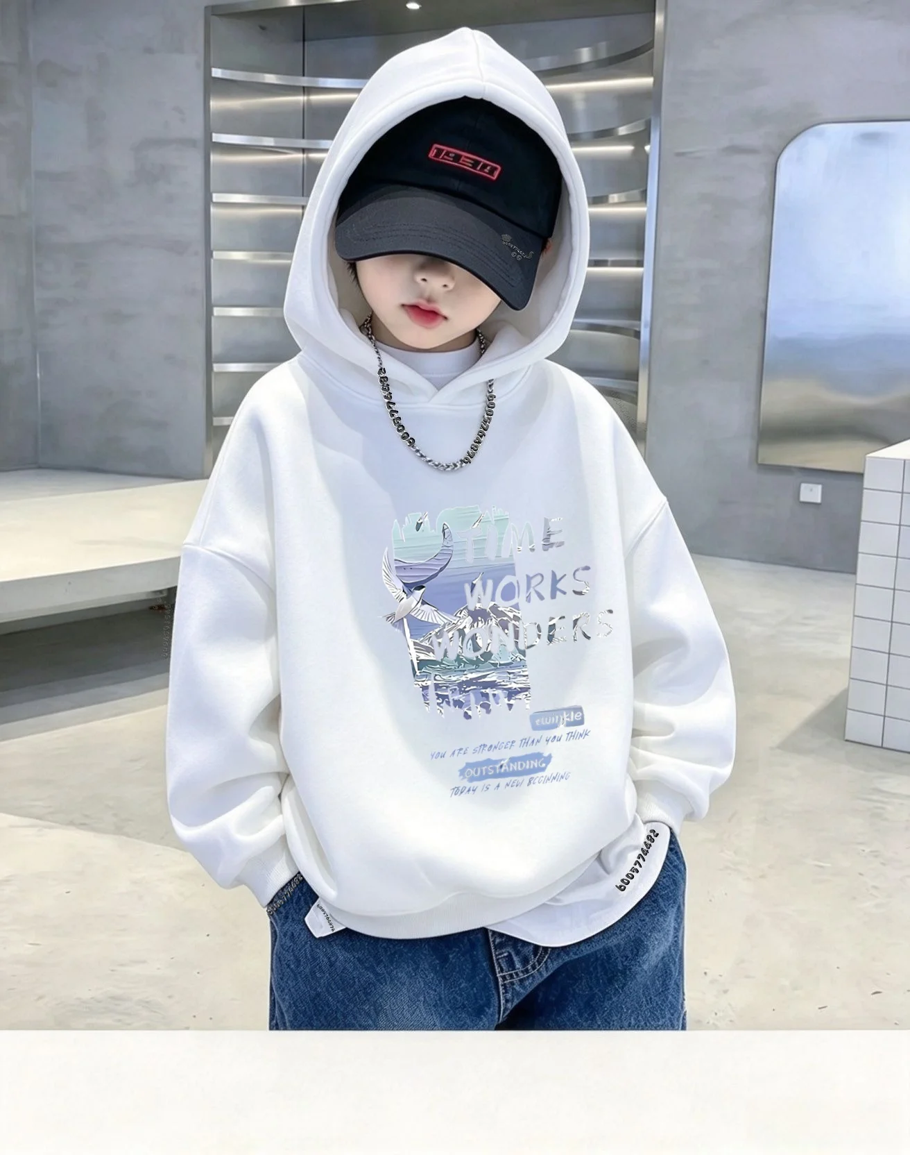 Kids Hoodie Autumn Winter Letter Mountain Bird Graphic Print Pullover Sweatshirt Casual Long Sleeve Hooded Tops