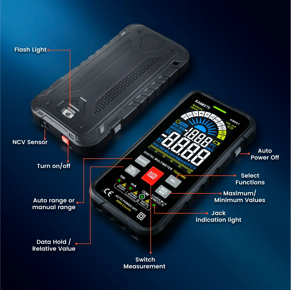 KAIWEETS KM601 Precision Digital Smart Multimeter 9999 Counts True-RMS  Multimetro with Color Screen LCD