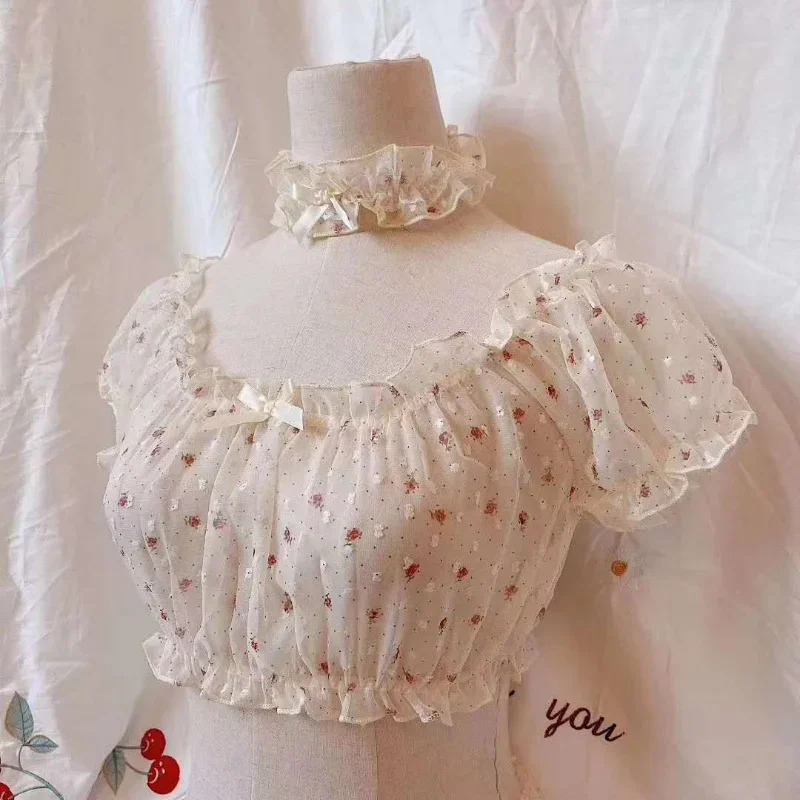 

Pink Cute Lingerie Set for Women Off-Shoulder Floral Pumpkin Pants Lolita Sexy Tops Shorts Underwear Set Soft Chiffon Nightwear