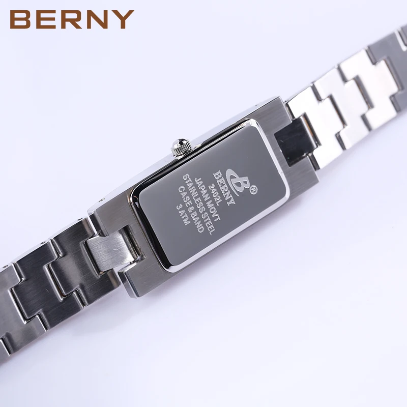 BERNY Woman Watch Quartz Square Dial Stainless Steel Dress Rectangular Wristwatch Ladies Clock 3ATM Waterproof Watches for Women