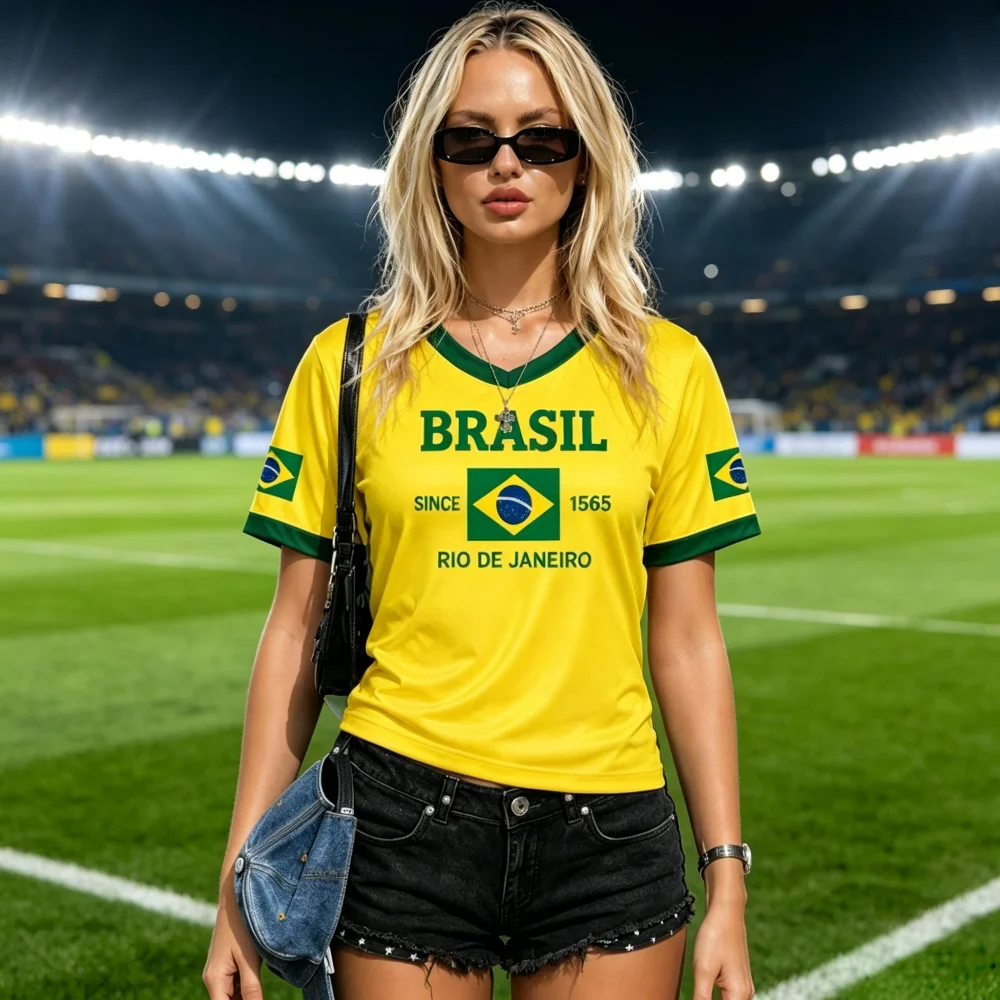 Brasil Soccer Fan Jersey Yellow Green V‑Neck Cropped Short Sleeve Brazil Flag Print Football Supporter Uniforms Family Kids Tees