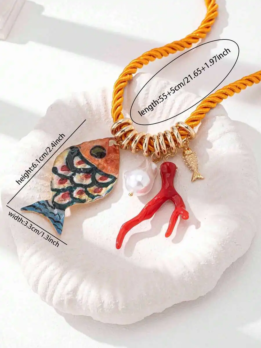 Summer Ocean Style Ceramic Fish Pendant Red Coral Necklace Handmade Chunky Rope Chain For Beach Travel
