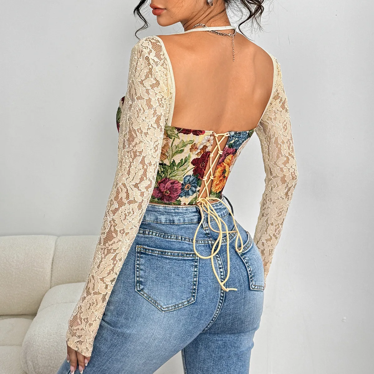 Lace Mesh Long Sleeve Floral Corset Tops Women French Square Neck Top Bones Backless Lace-up Top Sexy Camis Body Shaper Crop Top