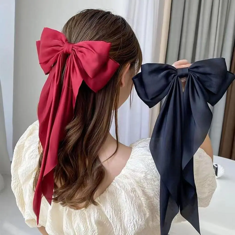 

Women Hairpin Solid Color Big Bow-knot Hair Clip Elegant Double Layers Long Hair Decoration Satin Vintage Ponytail Clip