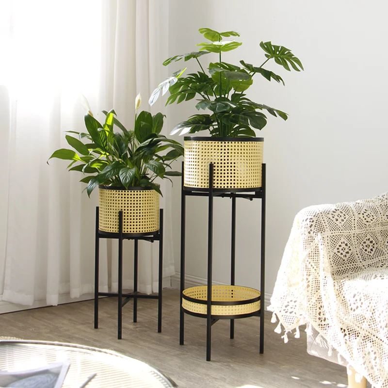 

Living room flower stand very simple indoor imitation rattan weaving floor-to-ceiling Japanese wrought iron balcony shelf Nordic