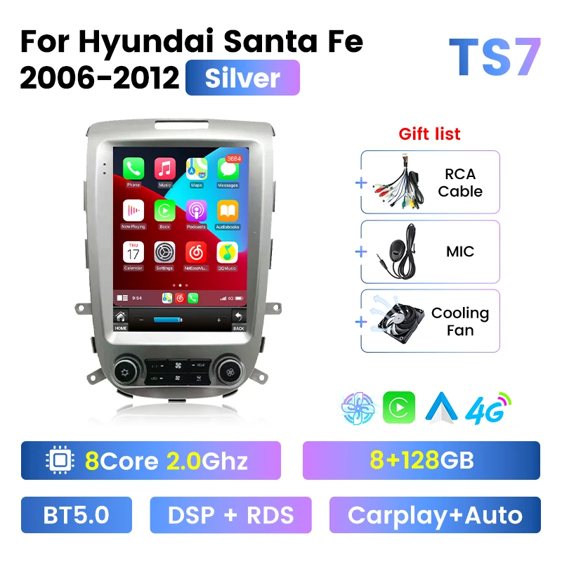 Ventilateur de refroidissement de caméra à écran tactile pour Hyundai Santa Fe, Android 8 Core, WiFi, 4G Permanence, navigation GPS 360, 2006-2012