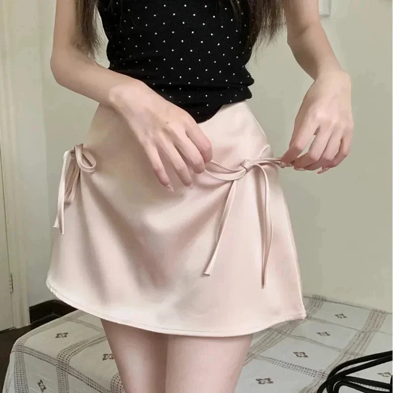 Women's Bow Lace-up Satin A-Line Mini Skirt Pink Korean Style Skirts High Waist Zipper Sexy Slim Skirts Sweet Short Skirt