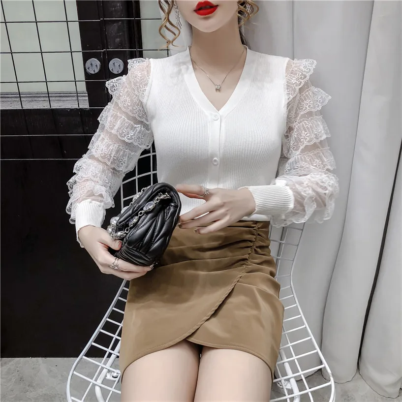 Lace Long Ruffles Bolo Manga Ponto Aberto Camisola Knit Splicing Outono Inverno Tops Moda Coreana Doce Designer Camisola