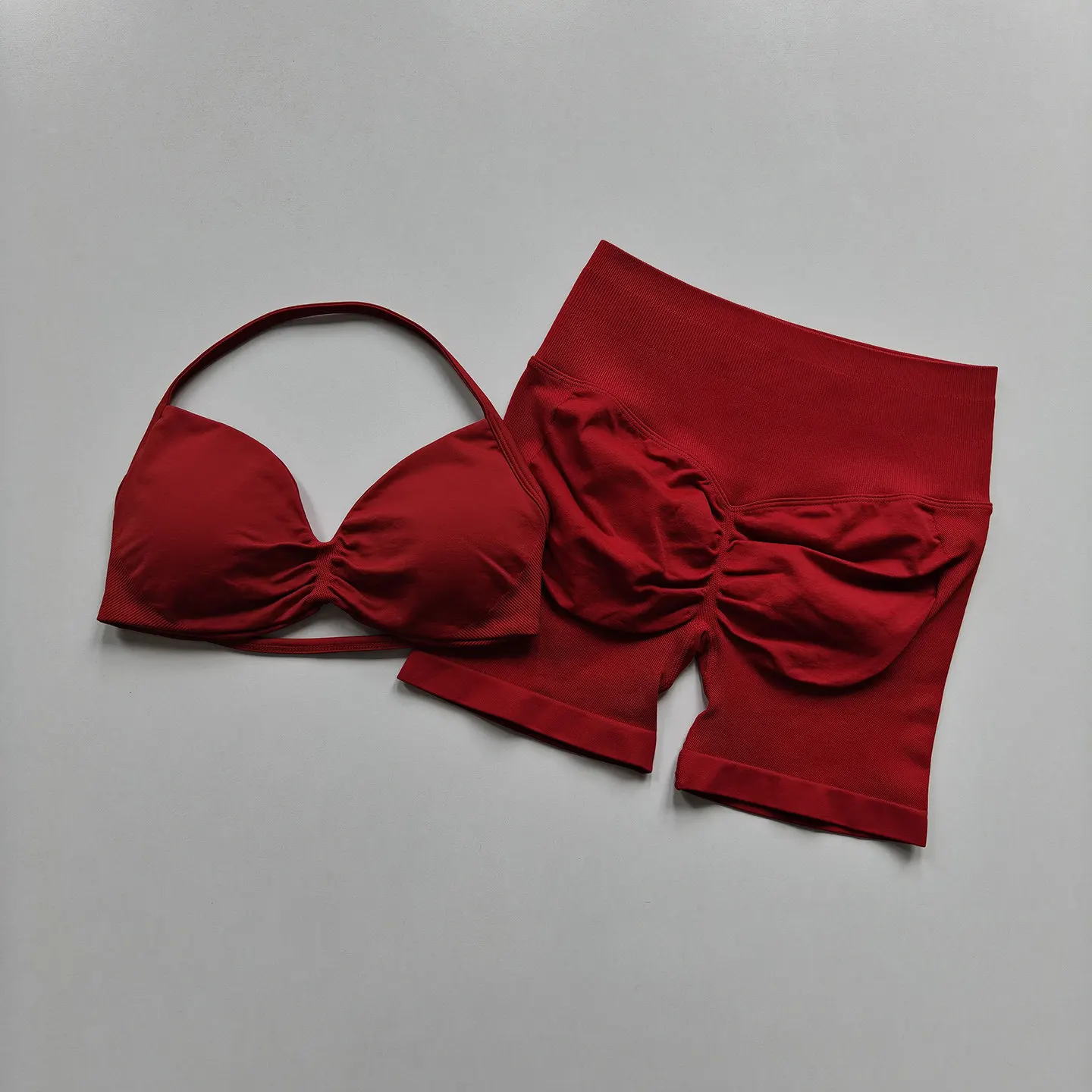Nahtloses Yoga-Outfit Sport Fitness Hochgeschnittene BHs Schnelltrocknende Push-Up-Oberteile Po-Formende Shorts Atmungsaktives Sommer-Set für Frauen – Detail 6