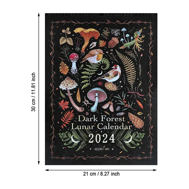 تقويم تنجيم الغابات المظلمة ، التقويمات القمرية المصورة الإبداعية الجدار ، مقاوم للماء لون الحبر غسل الفن ، القمر التقويم هدية ، 2024