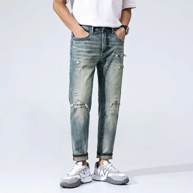 

JXNS158 The new tide Slim straight jeans men's American retro washed heavy hole patches small foot casual trousers