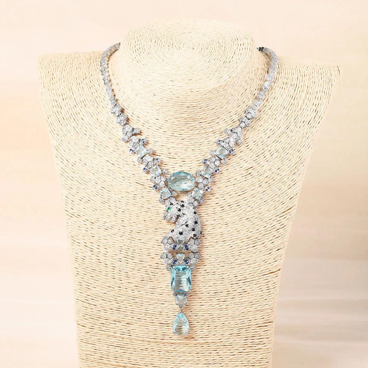Designer High Quality Jewelry Set, Light Blue Cubic Zircon Black Cloth Tassel Leopard Print Black Panther Pendant Necklace & Ear