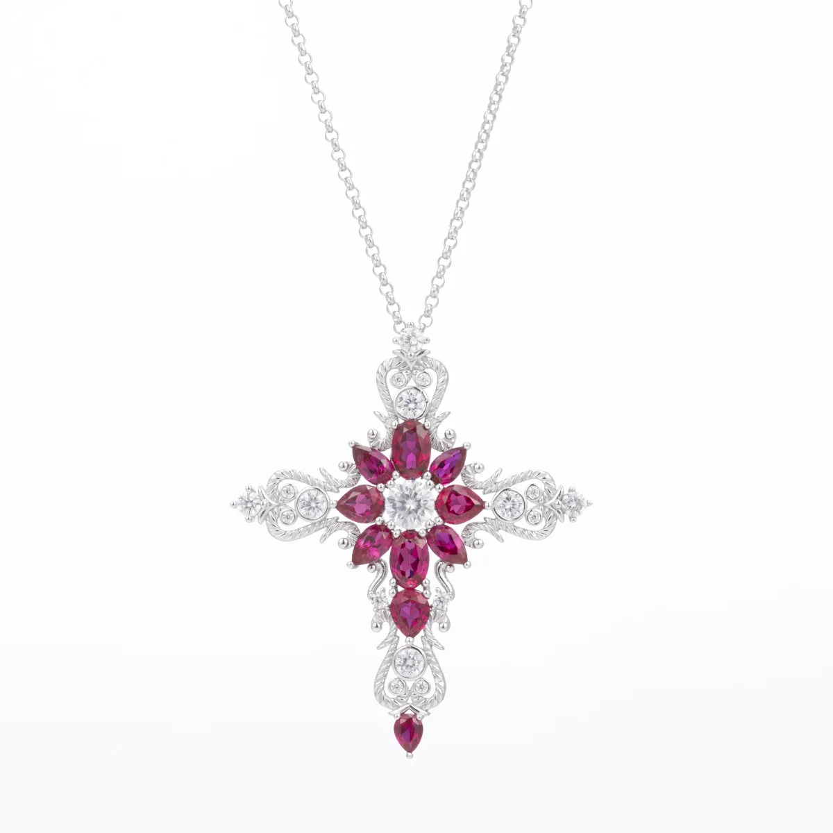 

4x5MM Full Ruby Sapphire Cross Necklace Women Jewelry Gift S925 Silver