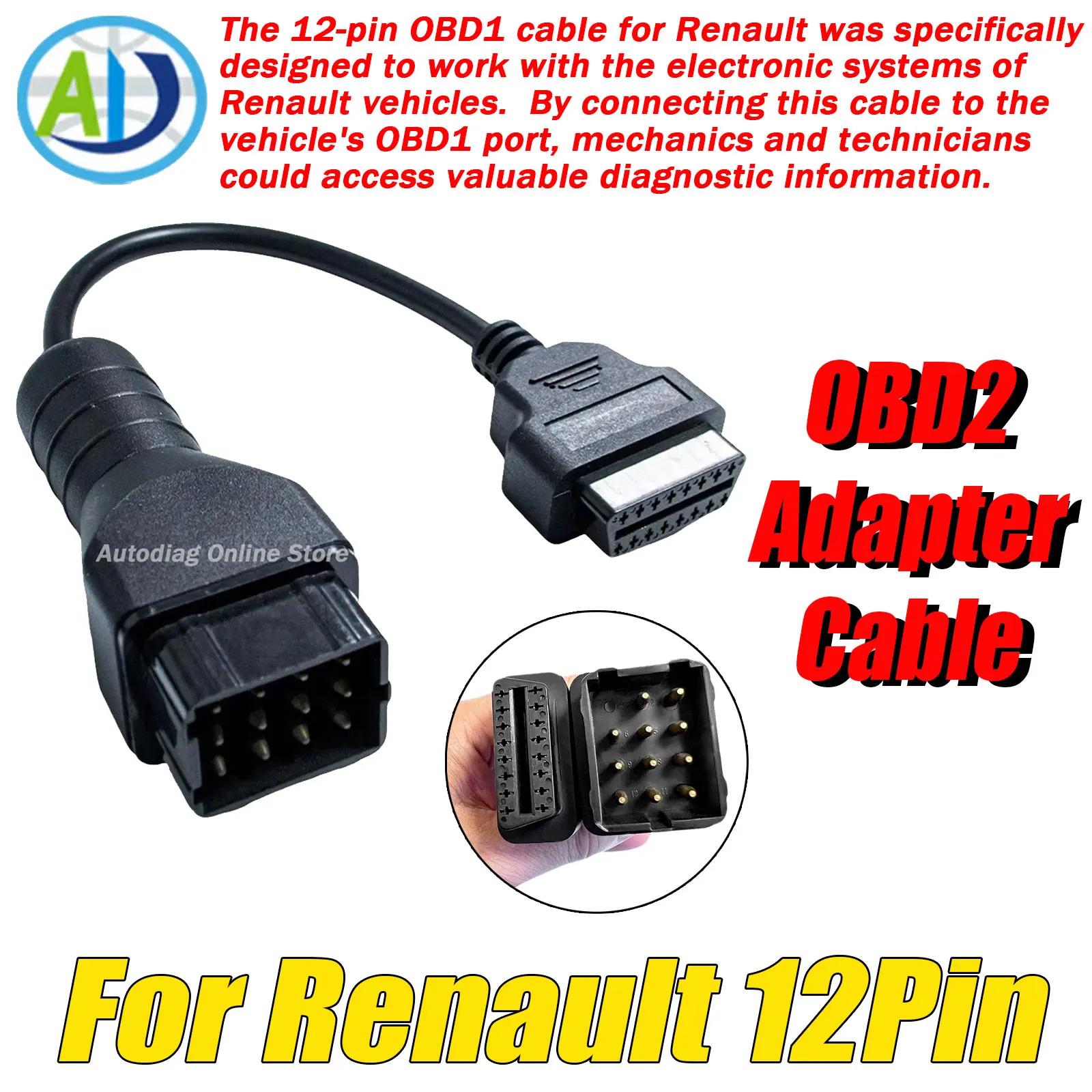 OBD2 Diagnostic Cable For Renault Vehicle OBDII Diagnostic Connector Adapter 12Pin to 16Pin OBD Adapter Cable for Truck Cable