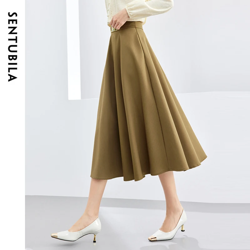 SENTUBILA A-line Black Skirt for Women 2024 Autumn Metal Decoration High Waist Classic Office Lady Long Skirts 141Q51776